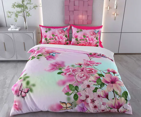 Lenjerie de pat pentru o persoana Single XXL (DE), 2 piese, L'essentiel Maison, Begona, Bumbac;Poliester, Alb / Roz / Verde