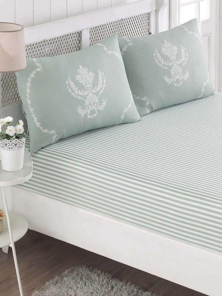 Set de pat dublu (cearceaf cu elastic si perne) 3 piese, L'essentiel Maison, Pure, 65% bumbac/35% poliester, Verde menta
