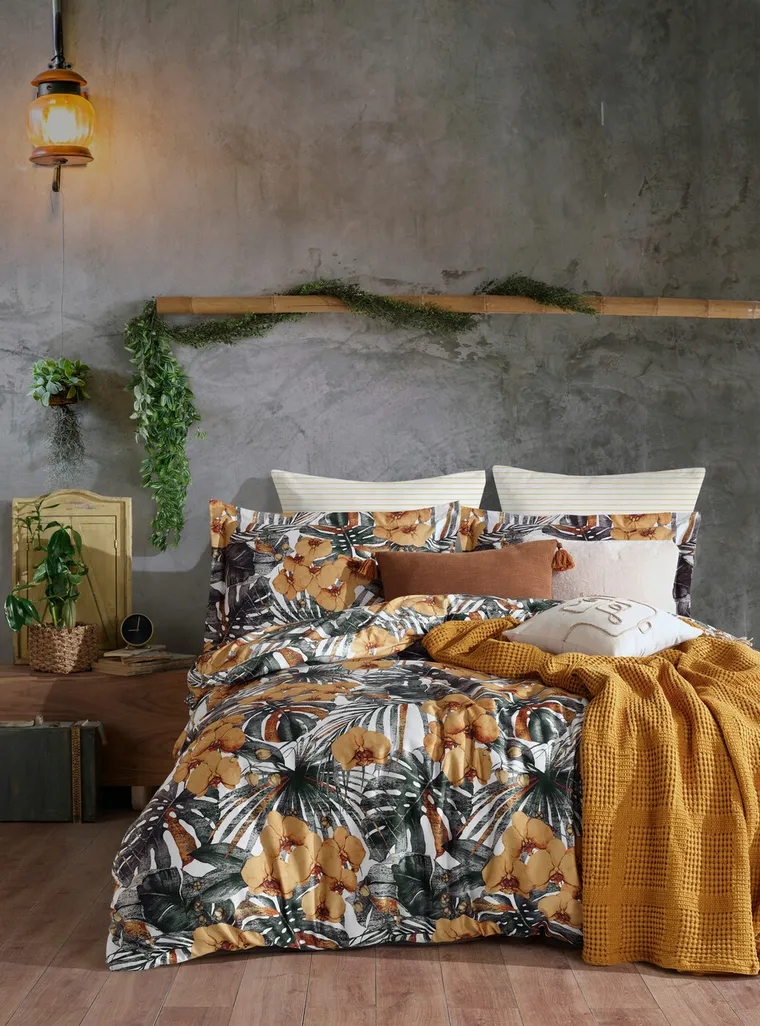 Lenjerie de pat dubla, L'essentiel Maison, Tropik, Alb / Verde / Muștar