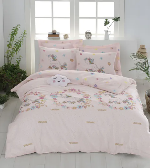 Lenjerie de pat dubla Super King (EU) (IT), 3 piese, L'essentiel Maison, Unicornlar, 65% bumbac/35% poliester, Roz / Bej