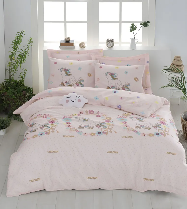 Lenjerie de pat dubla Super King (EU) (IT), 3 piese, L'essentiel Maison, Unicornlar, 65% bumbac/35% poliester, Roz / Bej