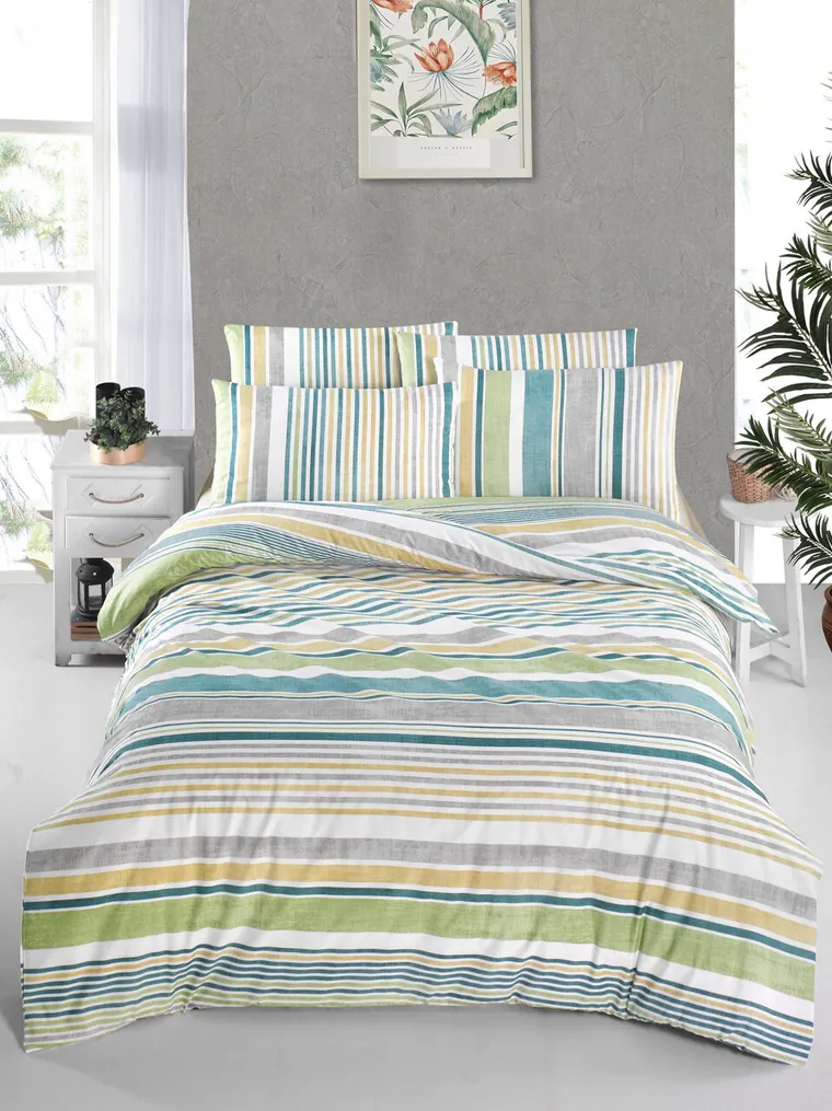 Lenjerie de pat pentru o persoana Single XL (DE), L'essentiel Maison, Sanvi, Alb / Verde / Gri / Galben