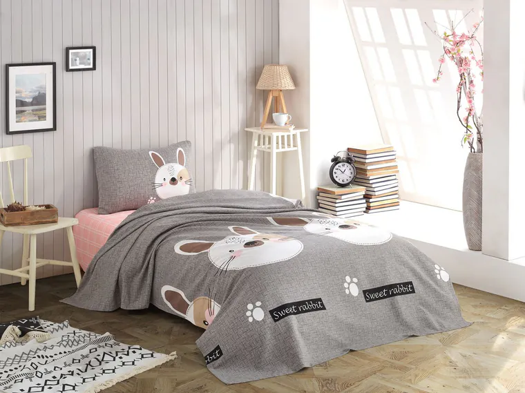Set cuvertura pique Single, L'essentiel Maison, Tavşancık, Bumbac, Grey / Brown / Beige / Black / Pink