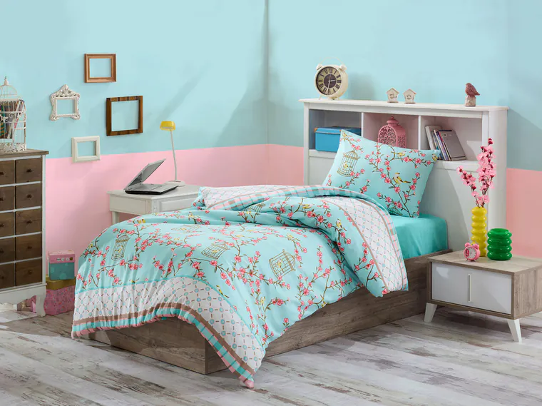 Lenjerie de pat pentru o persoana, L'essentiel Maison, Birdcage, 65% bumbac/35% poliester, Turcoaz / Alb / Bej / Roz