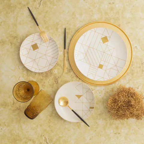 Serviciu de masa, Hermia, 216KRC1160, Farfurie desert: 20 x 20 x 5 cm (6 bucăți), Alb/Auriu