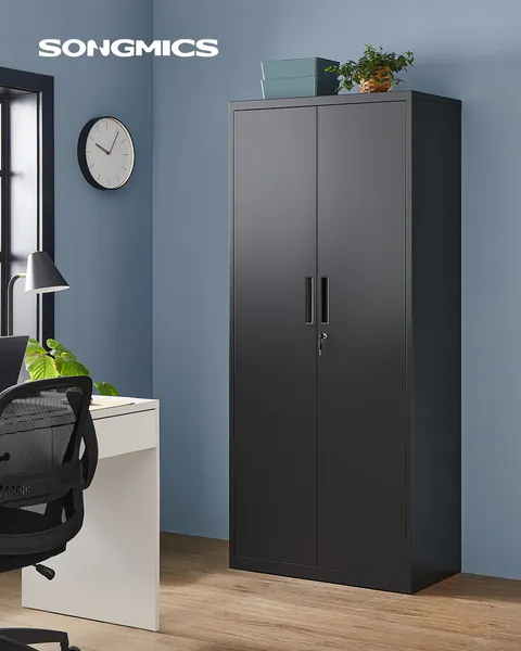 Dulap metalic birou, Songmics, 4 rafturi, cu incuietoare, 80x40x180 cm, otel, negru
