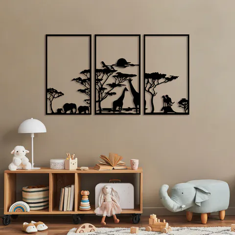 Decoratiune de perete, Serengeti, 40 x 69 cm, 3 piese, Negru