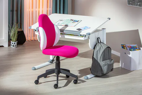 Scaun de birou pentru copii Jessi, Inter Link, 52x56x94-103.5 cm, rotativ, plastic/poliester, roz/alb