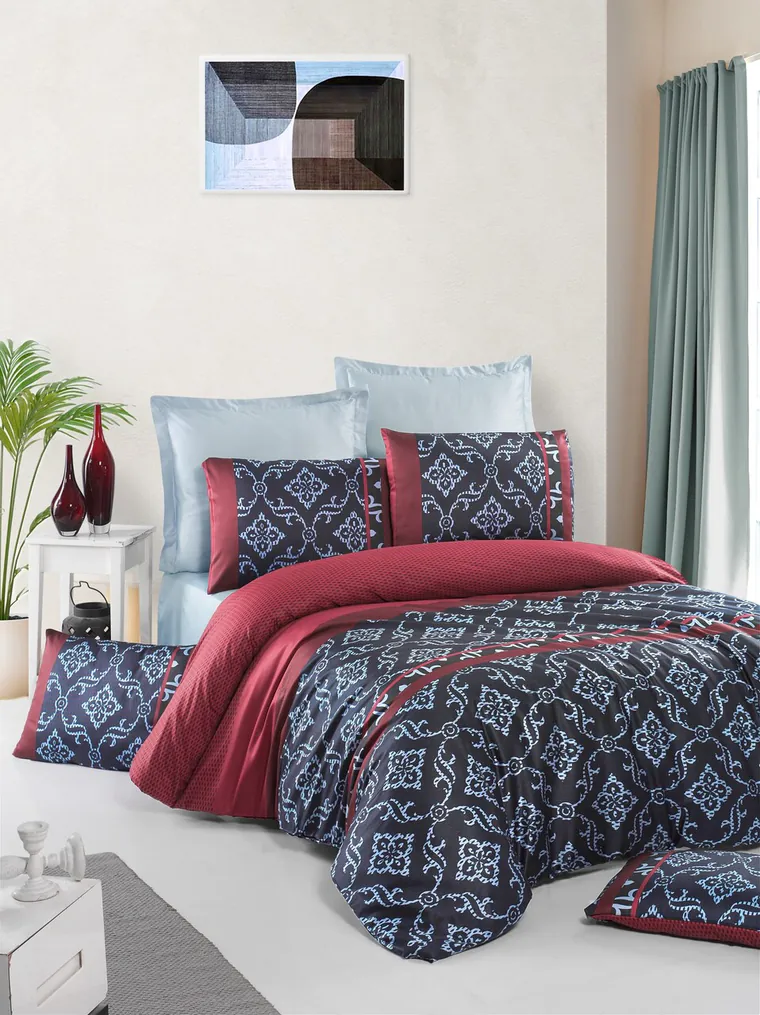 Lenjerie de pat pentru o persoana Single XL (DE), L'essentiel Maison, Leena, Roșu / Negru / Albastru deschis