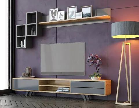 Comoda TV, Hanah Home, Rb-046, 180x45x40 cm, Antracit / Stejar