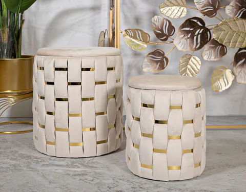 Set 2 taburete cu spatiu depozitare Shanty, Mauro Ferretti, 37x42 cm, 28x35 cm, fier/MDf/poliester, crem/auriu