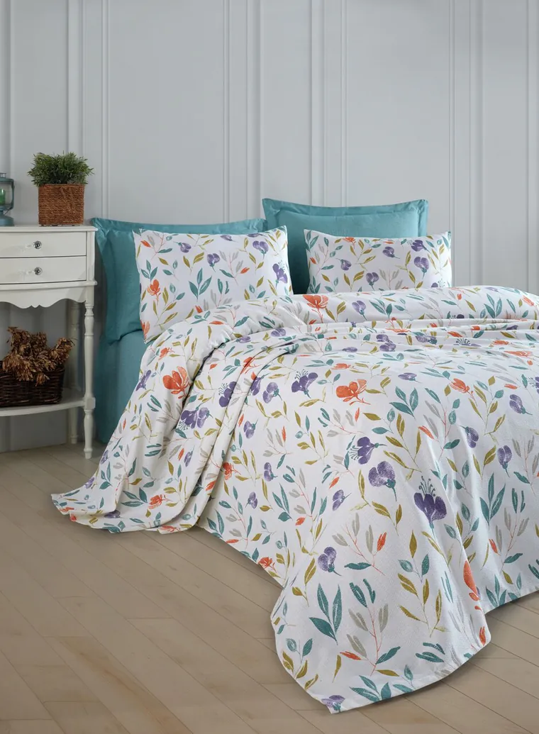 Set cuvertura pique dubla, L'essentiel Maison, Floral, Bumbac, Lila