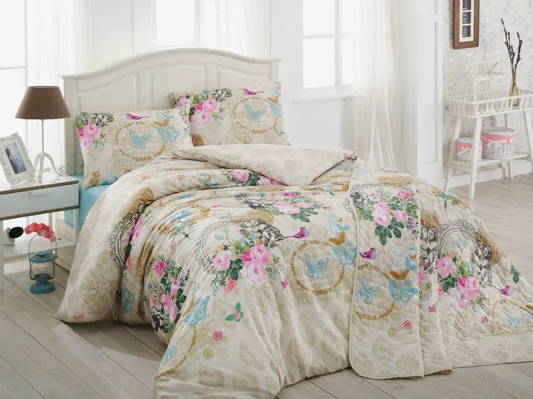 Lenjerie de pat pentru o persoana, L'essentiel Maison, Angel, 65% bumbac/35% poliester, Beige / Camel / Blue / Pink / Green