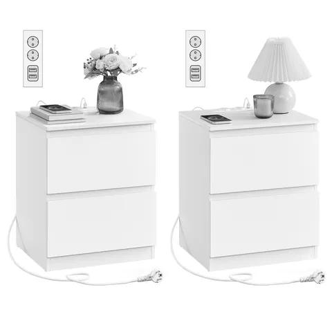 Set 2 noptiere cu prize si porturi USB Kailyn, Vasagle, 40x35x49 cm, MDF/PAL, alb
