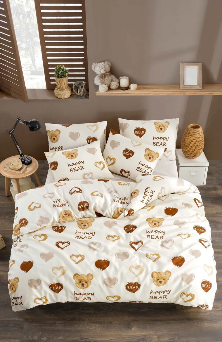 Lenjerie de pat pentru o persoana, L'essentiel Maison, Teddy Bear Heart Fitted, 65% bumbac/35% poliester , Muștar / Alb / Gri / Roz
