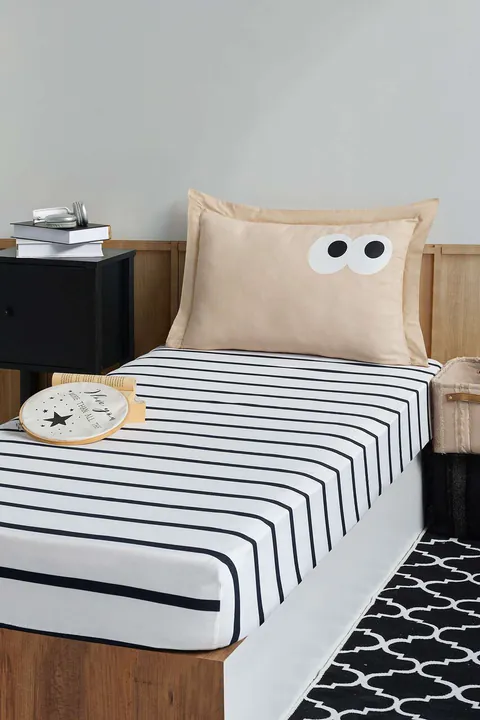 Set de pat pentru o persoana (cearceaf cu elastic si perna) 2 piese, L'essentiel Maison, Funny Cizgili, Maro