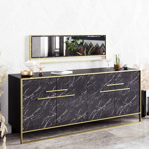 Set bufet si oglinda Polka Aynali Black, Hadley, 180 x 47.3 x 75 cm/121.8 x 37.8 x 3 cm, auriu/negru