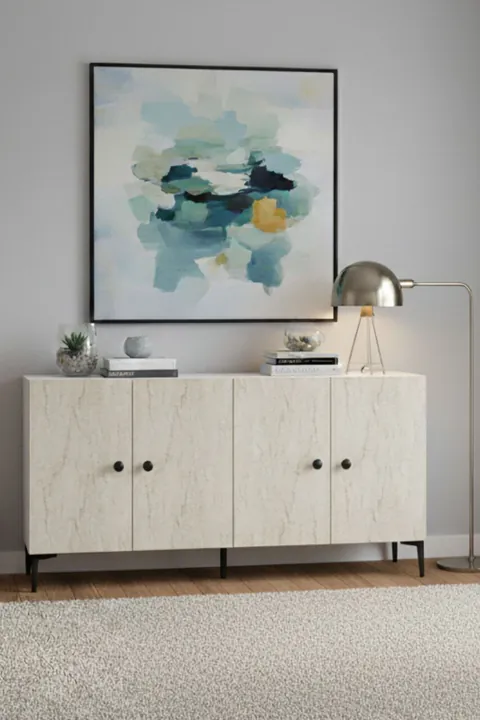 Consola, Hanah Home, Pella 150, 150x75x32 cm, Alb / Travertin