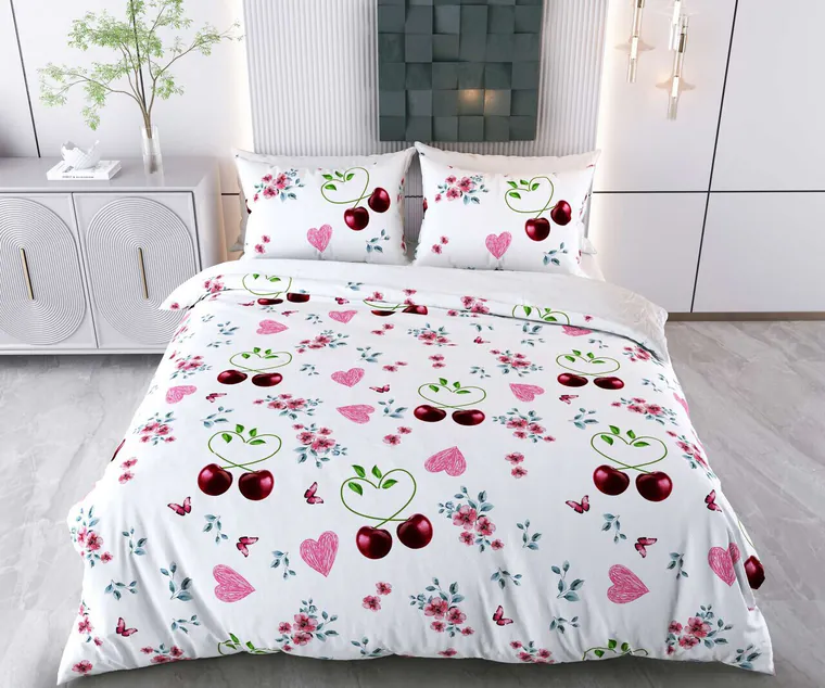 Lenjerie de pat pentru o persoana (DE), 2 piese, L'essentiel Maison, Cherry Hearts, Bumbac;Poliester, Alb / Roz / Roșu / Verde / Albastru
