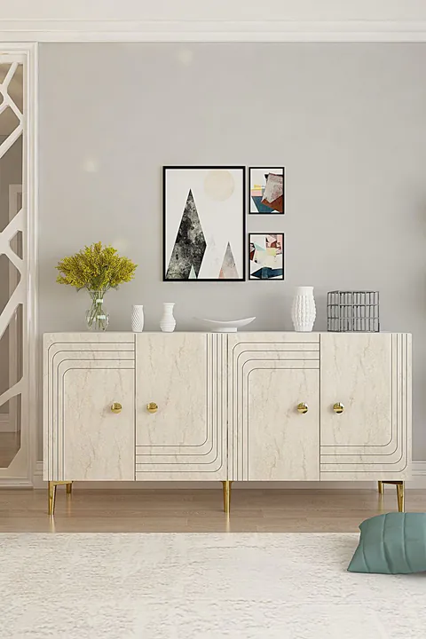 Consola, Hanah Home, Lessi 150, 150x75x32 cm, White / Travertine / Gold