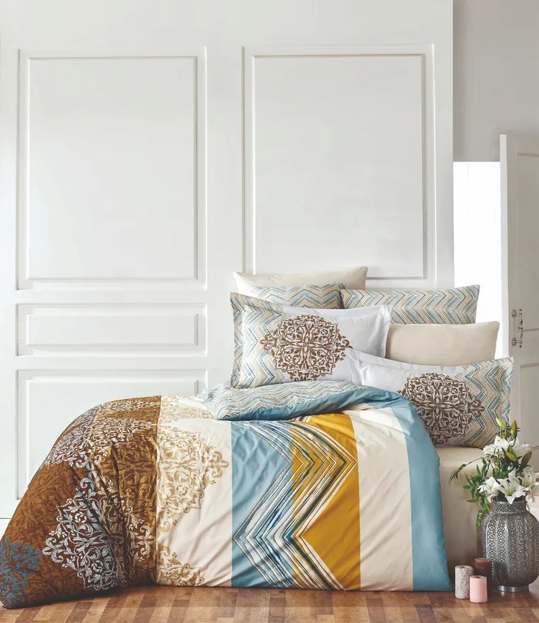 Lenjerie de pat dubla, L'essentiel Maison, Julia, Alb / Maro / Albastru / Muștar