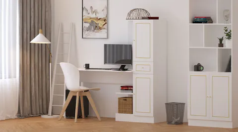 Set birou si biblioteca, Hanah Home, Rb-087, 120x75x40 cm, Alb mat