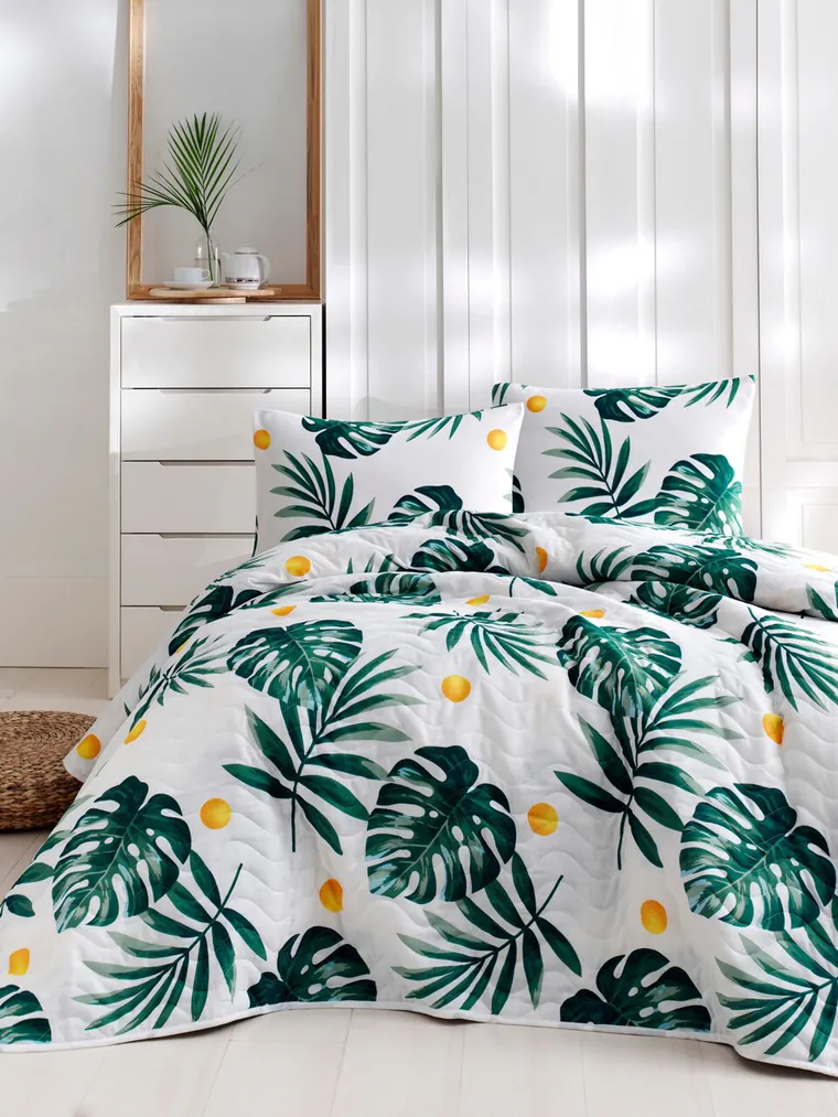 Set cuvertura matlasata dubla King (FR), 3 piese, L'essentiel Maison, Monstera, 65% bumbac/35% poliester, White / Green / Yellow