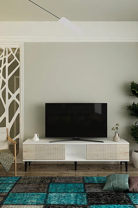 Comoda TV, Hanah Home, Corsa 150, 150x40.5x32 cm, Alb / Travertin