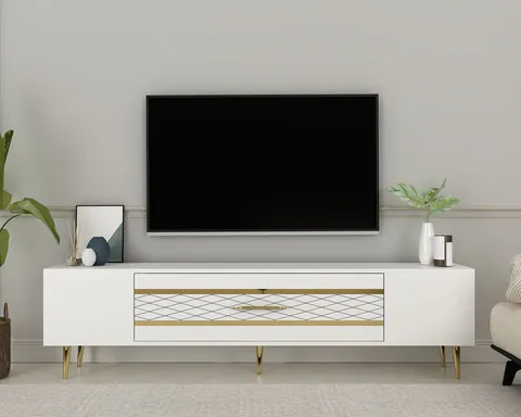 Comoda TV, Hanah Home, Dekolp2, 150x48.2x35 cm, Alb/Auriu