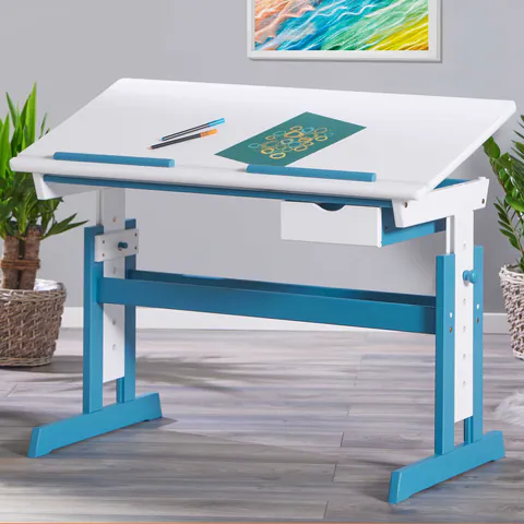 Birou pentru copii reglabil pe inaltime Pijii, Inter Link, 109x55x63-96 cm, lemn, alb/albastru