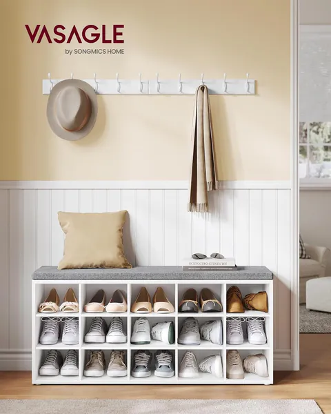 Bancheta cu pantofar, Vasagle, 15 compartimente, 104x30x48 cm, max 200 kg, PAL/MDF, alb/gri