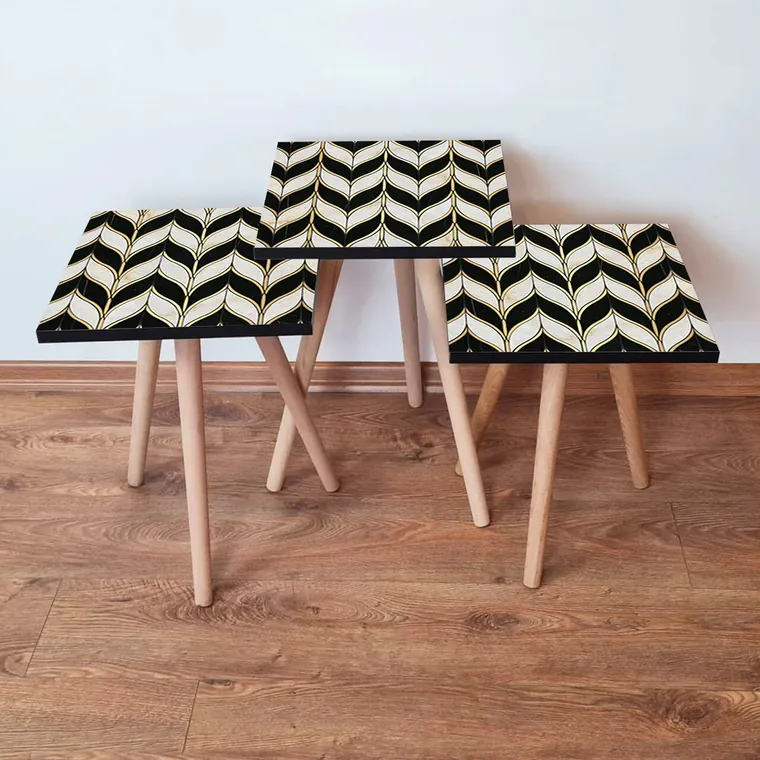 Set masute 3 piese, Hanah Home, 3Shp130, Alb / Negru / Auriu