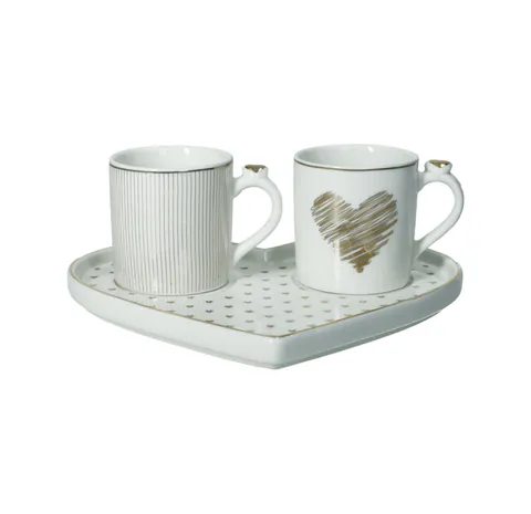Set 2 cesti si farfurie, Tete A Tete Amore Mio Cuor, Brandani, 17.5x15.5x6 cm, 60 ml, portelan New Bone China