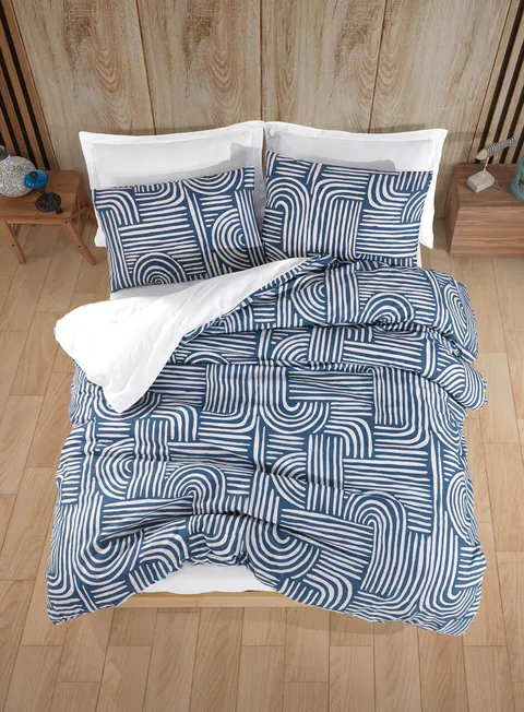 Lenjerie de pat dubla Super King (EU) (IT), 3 piese, L'essentiel Maison, Line Art, 65% bumbac/35% poliester, Albastru