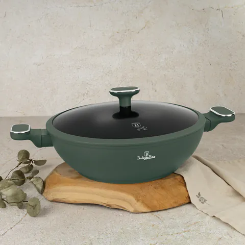 Tigaie Wok cu capac Berlinger Haus, Matte Green, 30 cm, aluminiu forjat, verde mat