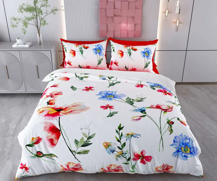 Lenjerie de pat pentru o persoana (DE), 2 piese, L'essentiel Maison, Floser, Bumbac;Poliester, Alb / Roșu / Verde / Albastru