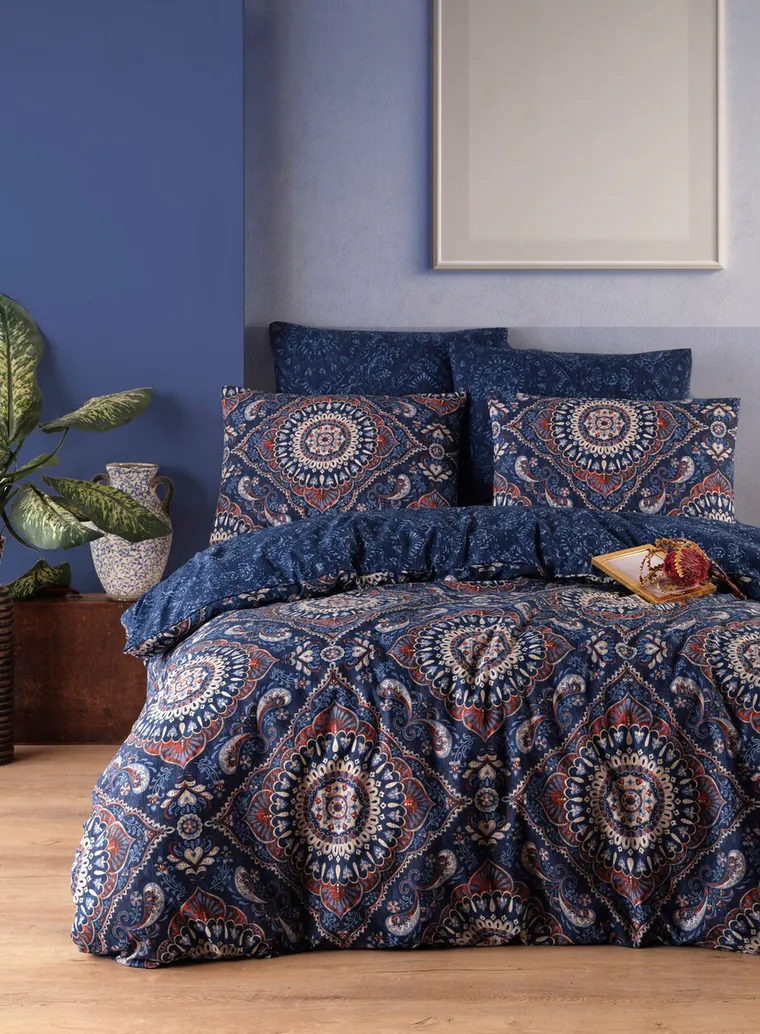 Lenjerie de pat dubla 3 piese, L'essentiel Maison, Varak, 65% bumbac/35% poliester, Albastru inchis