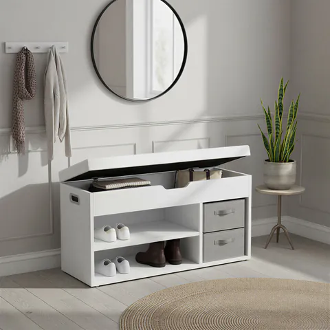 Bancheta cu spatiu de depozitare si pantofar, Vasagle, 80x30x44 cm, PAL/poliuretan, alb