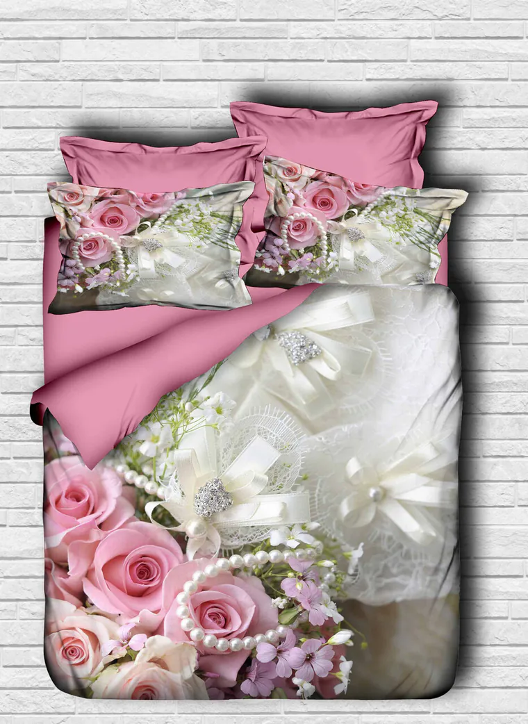 Lenjerie de pat dubla King (EU) (ES), 3 piese, L'essentiel Maison, 106, Roz / Gri / Alb