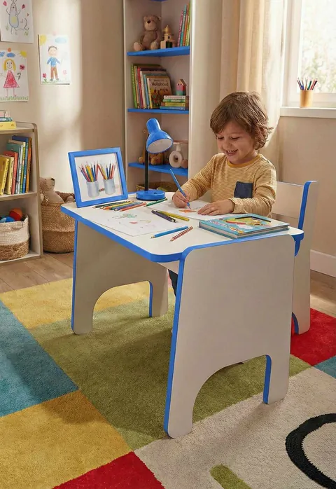 Set masa si scaun pentru copii, Hanah Home, Artmtktbchrset, Albastru/Alb