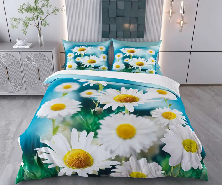 Lenjerie de pat pentru o persoana Single XXL (DE), 2 piese, L'essentiel Maison, Daisy, Bumbac;Poliester, Albastru / Alb / Galben / Verde