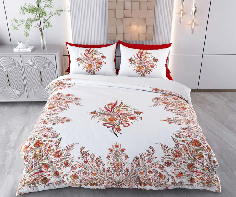 Lenjerie de pat pentru o persoana Single XXL (DE), 2 piese, L'essentiel Maison, Marif, Bumbac;Poliester, Alb / Roșu / Portocaliu / Verde