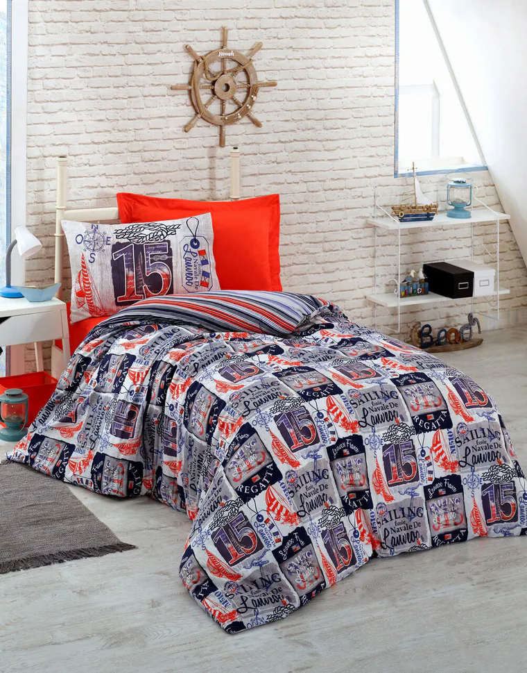 Lenjerie de pat pentru o persoana Young, L'essentiel Maison, Regatta, Bumbac Ranforce, Albastru închis / Roșu / Alb / Albastru