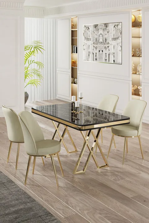 Set masă și scaune (5 bucăți), Hanah Home, Vals, Marmură neagră / Auriu / Crem