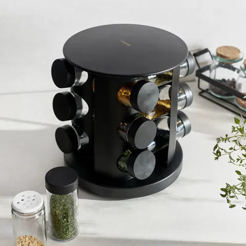 Set 12 recipiente pentru condimente si suport, Otto, Homla, 19x21 cm, metal/sticla/plastic, negru/transparent