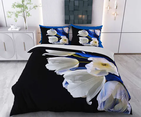 Lenjerie de pat pentru o persoana Single XXL (DE), 2 piese, L'essentiel Maison, Casper, Bumbac;Poliester, Negru / Alb / Albastru închis