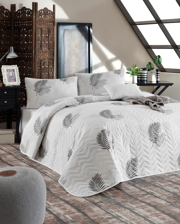 Set cuvertura Single 160x220 cm, 2 piese, L'essentiel Maison, Palma, 65% bumbac/35% poliester, Gri/Alb