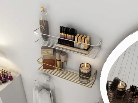 Raft de perete, Hanah Home, Banyo Makyaj Rafı, Suport pentru condimente, Auriu