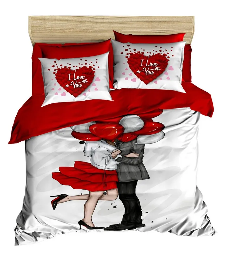 Lenjerie de pat dubla, L'essentiel Maison, 154, Alb / Roșu / Negru