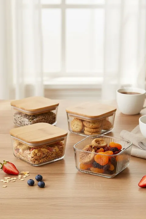 Set recipiente depozitare, Hermia, 409PBH1420, Capac din bambus: (4 bucăți), Transparent